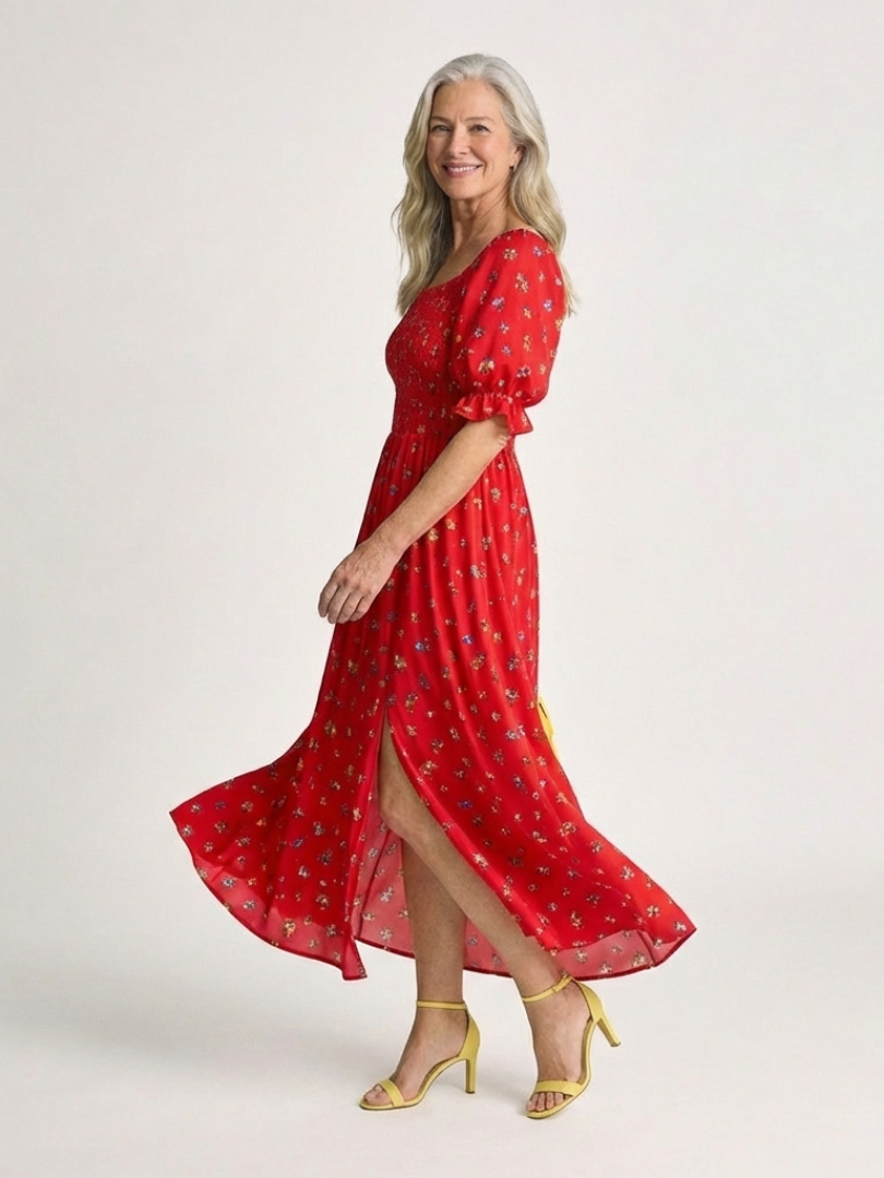 Delphine | Square Neck Floral Puff Sleeve Midi Dress