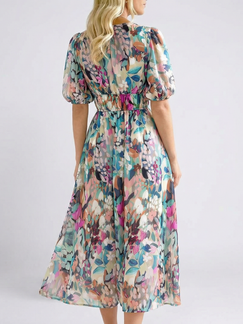 Eulalie | V Neck Short Sleeve Gathered Waist Midi Dress