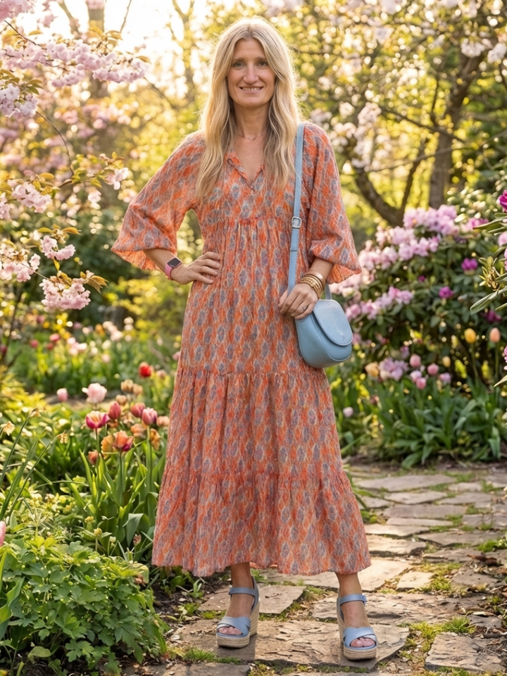 Amara | Geometric Print V Neck Tiered Midi Dress