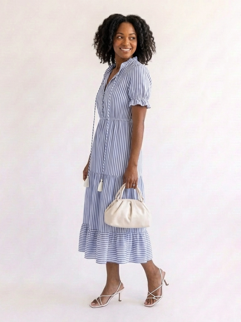 Dakota | Short Sleeve Striped Tiered Midi Dress
