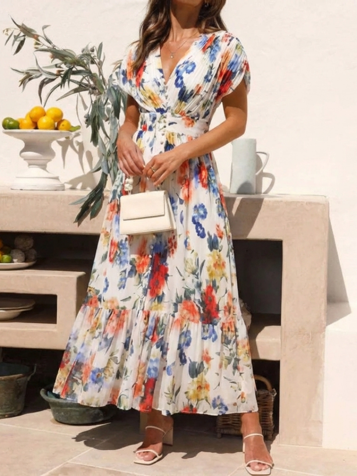 Savannah | Short Sleeve Pleated Floral Midi Dress