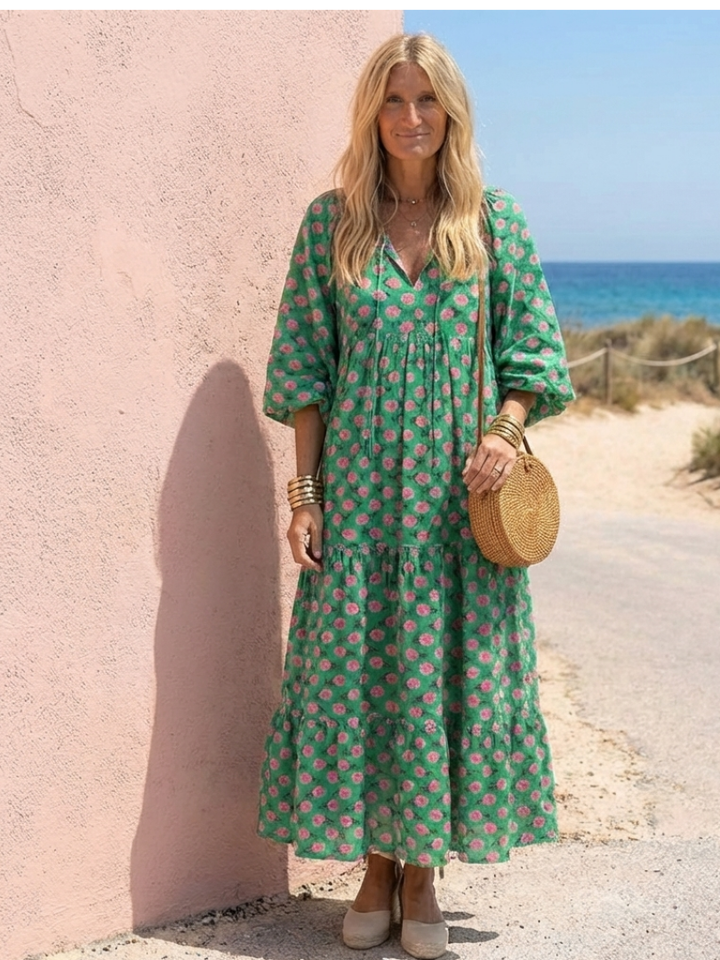 Fiora | Floral Print V Neck Tiered Midi Dress