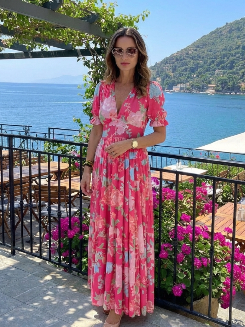 Ione | Short Sleeve V Neck Floral Midi Dress